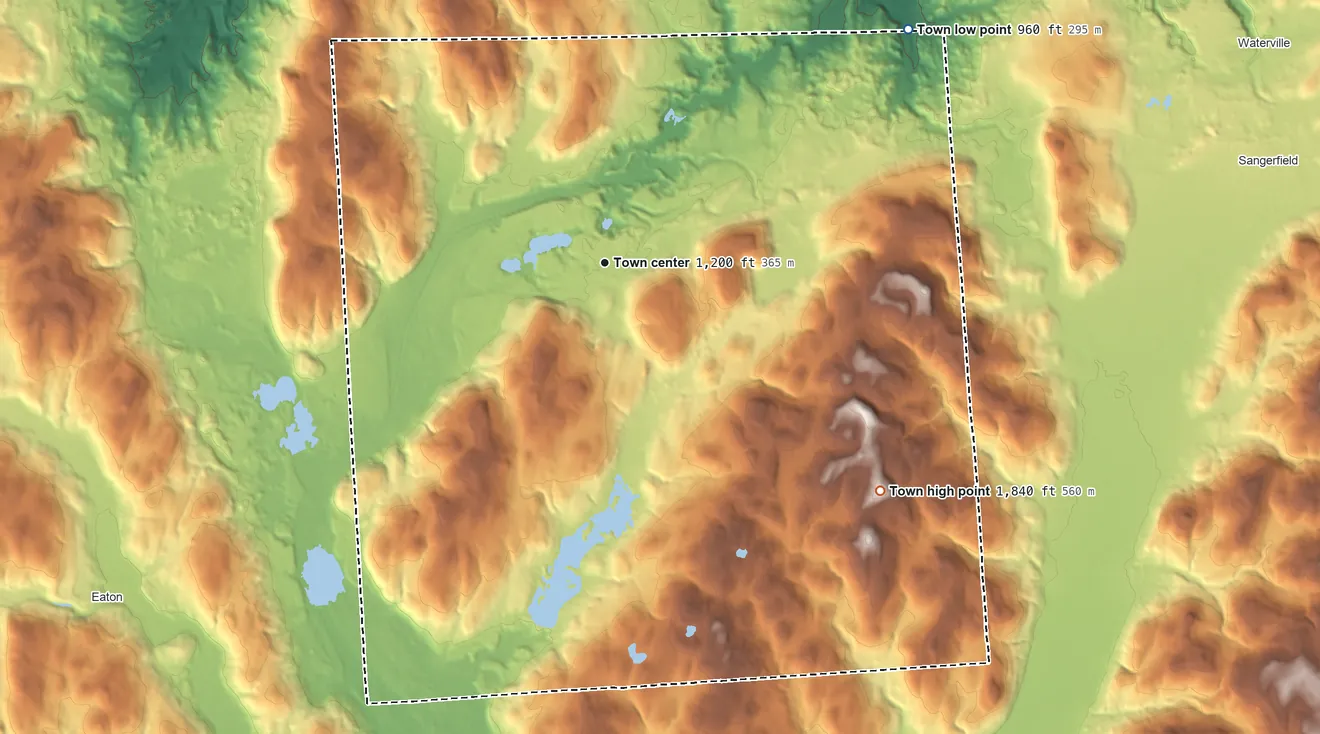 Topographic elevation map of Madison, New York, shaded from 960 ft on the northeast side to 1,840 ft on the southeast side