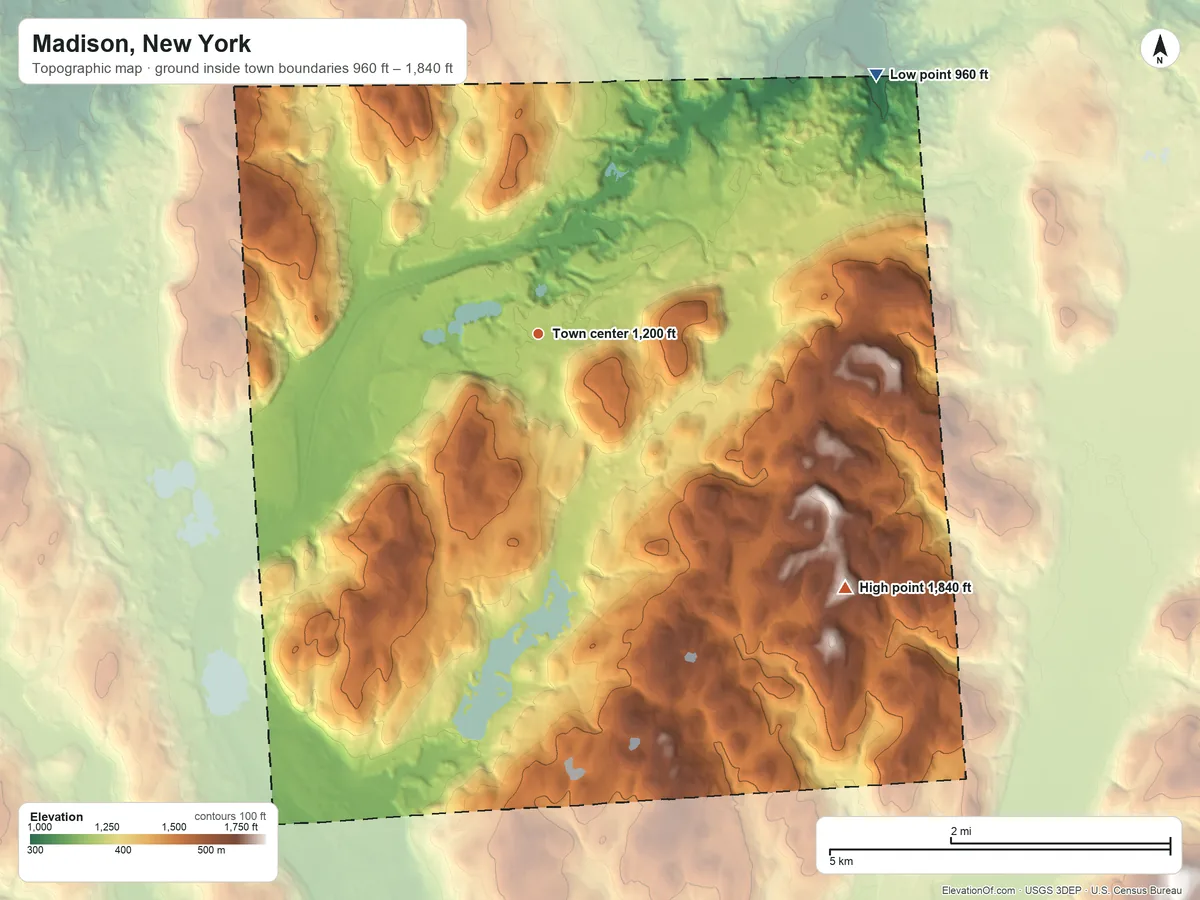 Topographic elevation map of Madison, New York, shaded from 960 ft on the northeast side to 1,840 ft on the southeast side