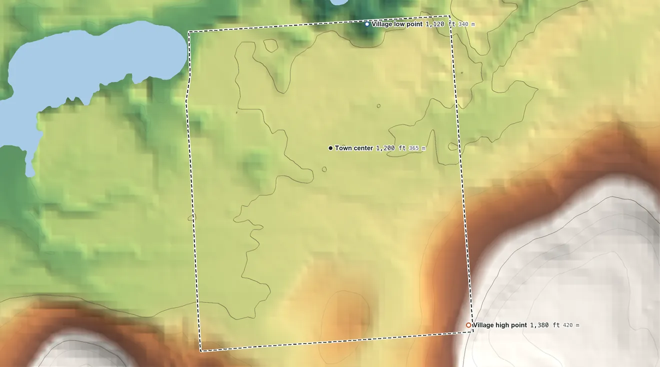 Topographic elevation map of Village of Madison, New York, shaded from 1,120 ft on the north side to 1,380 ft on the southeast edge, below higher ground just outside