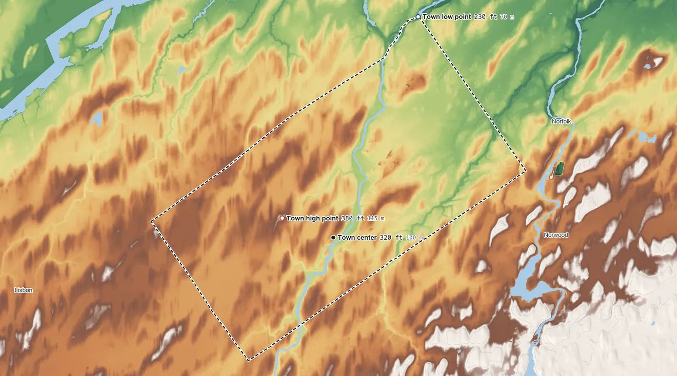 Topographic elevation map of Madrid, New York, shaded from 230 ft on the north side to 380 ft on the west side