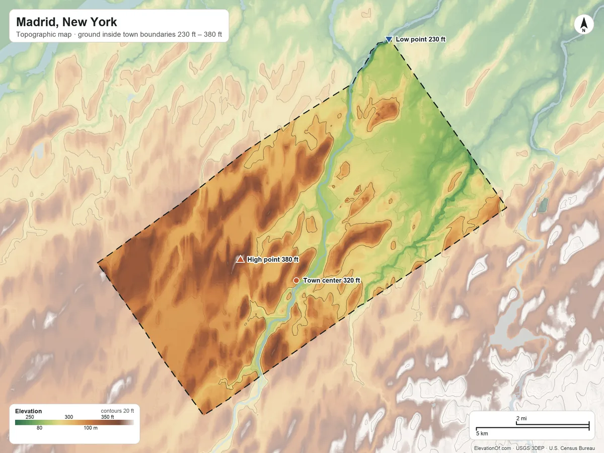 Topographic elevation map of Madrid, New York, shaded from 230 ft on the north side to 380 ft on the west side