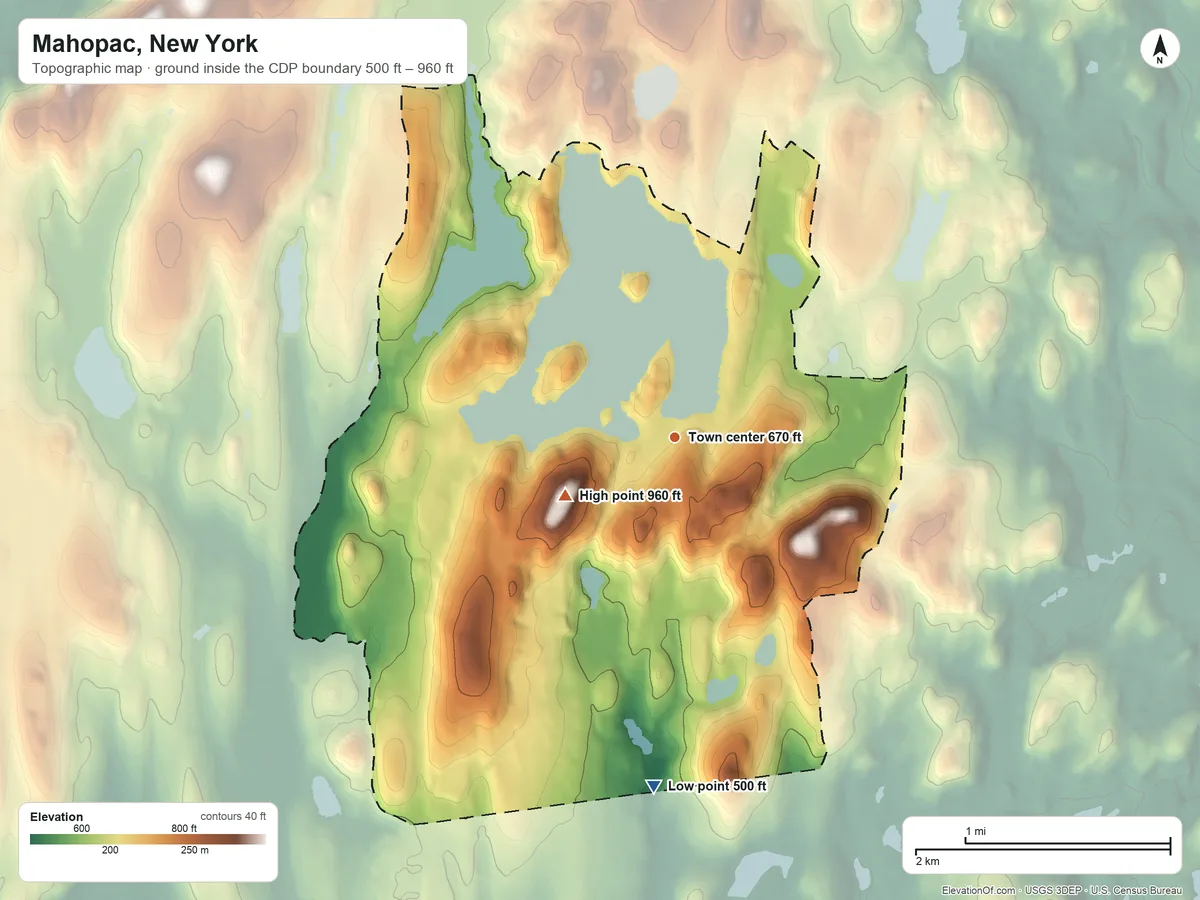 Topographic elevation map of Mahopac, New York, shaded from 500 ft on the south side to 960 ft on Senior Hill