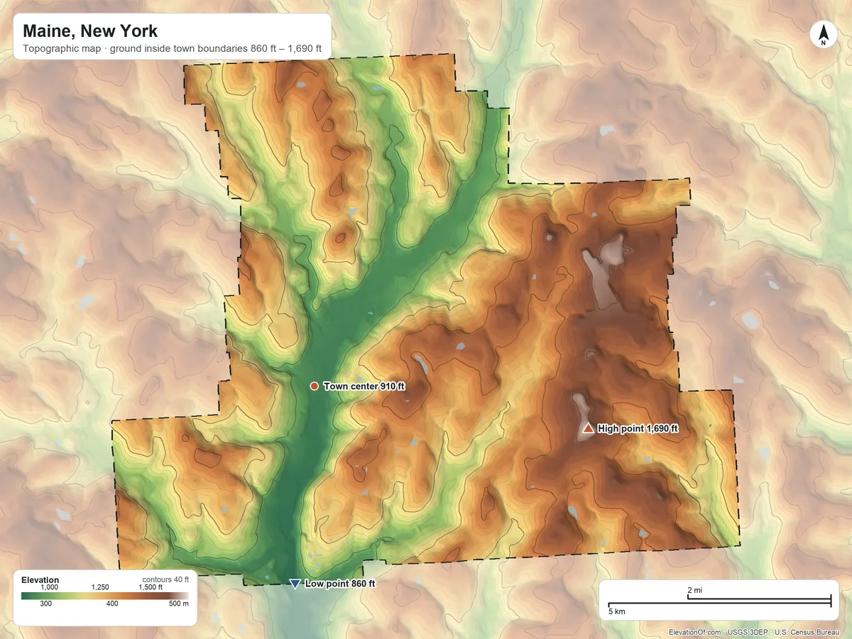 Topographic elevation map of Maine, New York, shaded from 860 ft on the south side to 1,690 ft on the east side