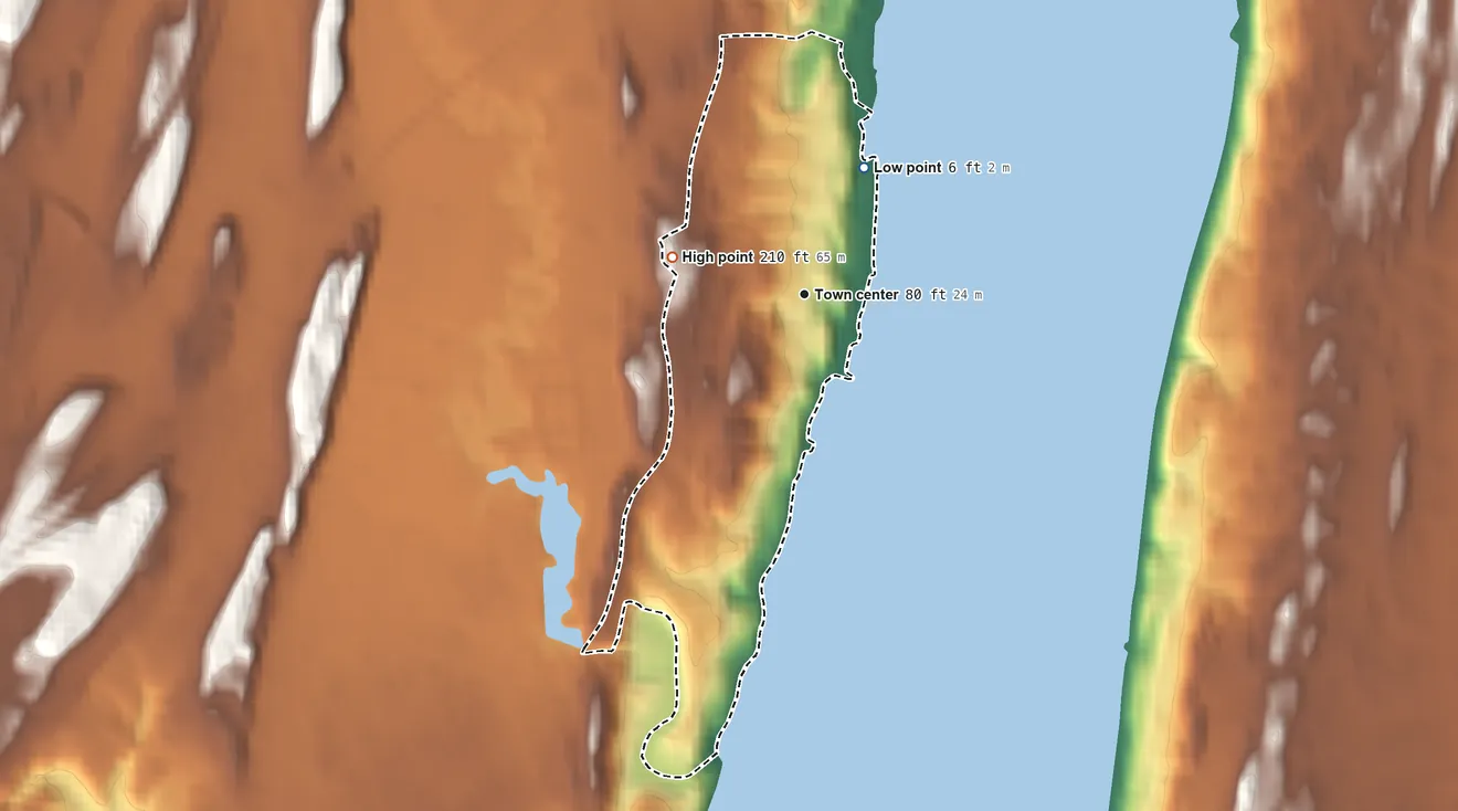 Topographic elevation map of Malden-on-Hudson, New York, shaded from 6 ft on the northeast side to 210 ft on the west side