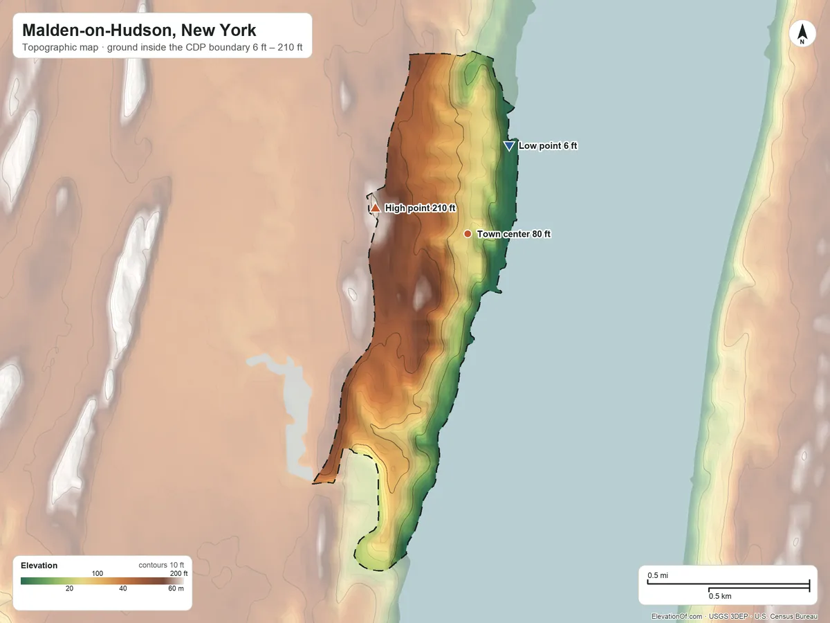 Topographic elevation map of Malden-on-Hudson, New York, shaded from 6 ft on the northeast side to 210 ft on the west side