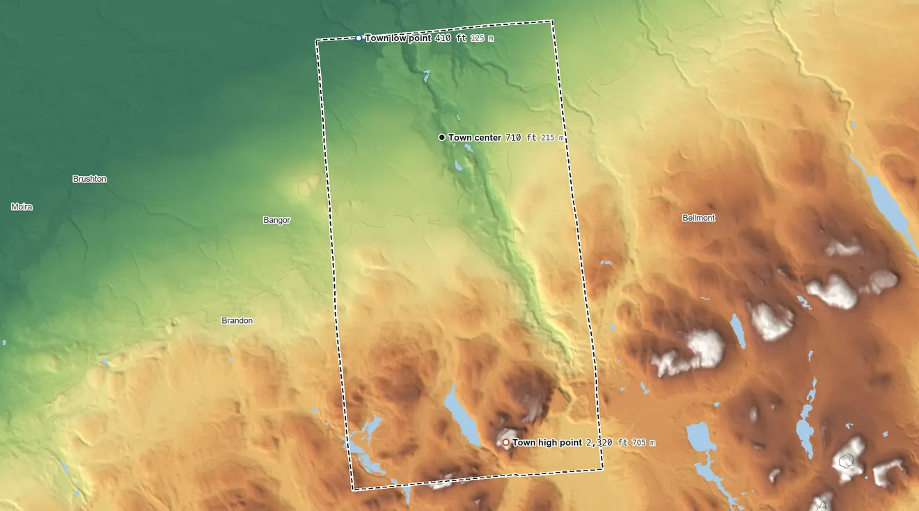 Topographic elevation map of Malone, New York, shaded from 410 ft on the northwest side to 2,320 ft on Mount Immortelle