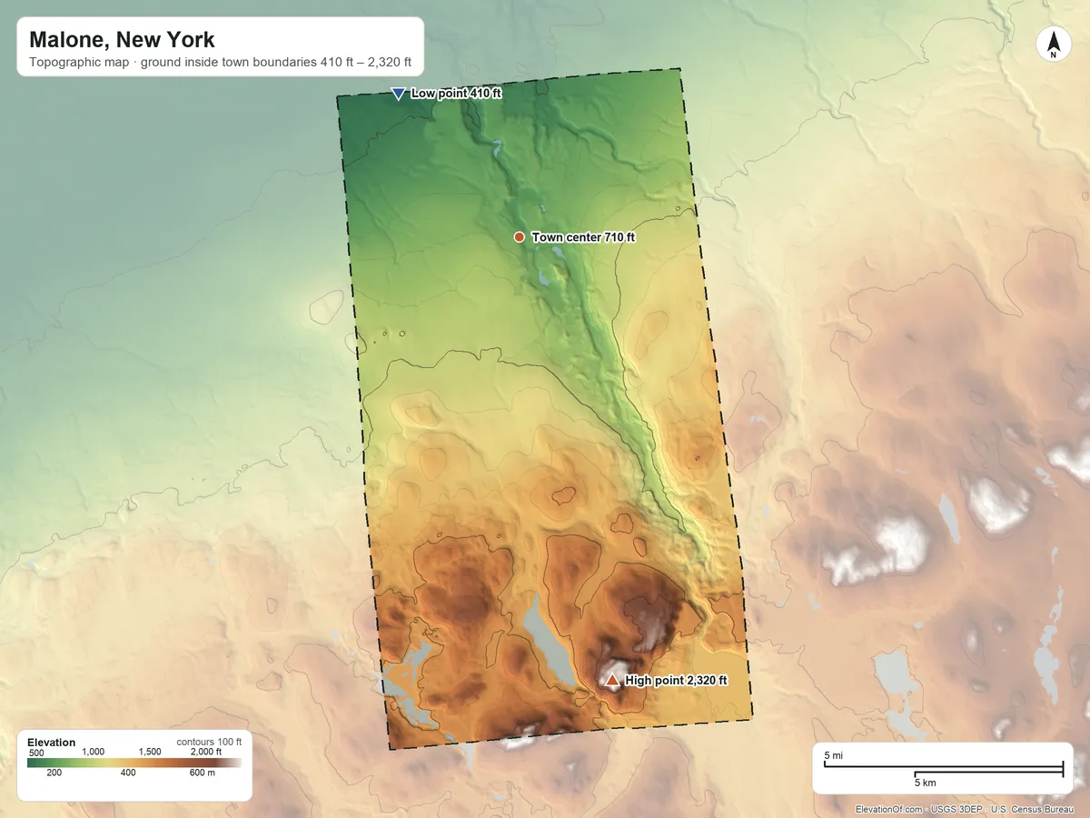 Topographic elevation map of Malone, New York, shaded from 410 ft on the northwest side to 2,320 ft on Mount Immortelle