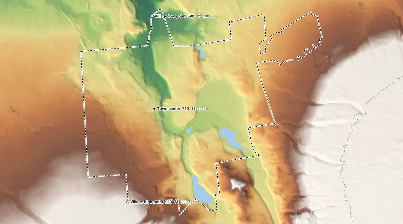Topographic elevation map of Village of Malone, New York, shaded from 600 ft on the north side to 920 ft on the south side