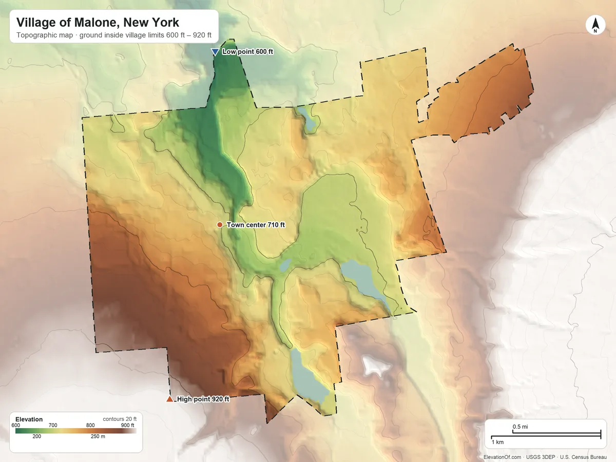Topographic elevation map of Village of Malone, New York, shaded from 600 ft on the north side to 920 ft on the south side