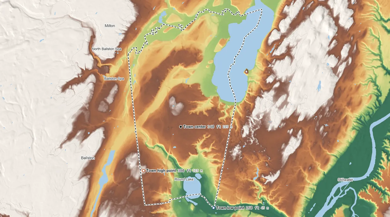 Topographic elevation map of Malta, New York, shaded from 160 ft on the south side to 380 ft on the southwest side
