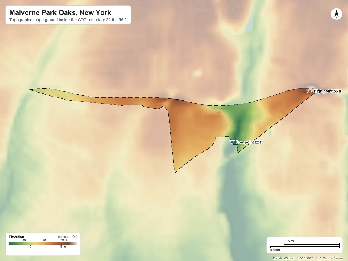 Topographic elevation map of Malverne Park Oaks, New York, shaded from 22 ft near the middle to 56 ft on the northeast side