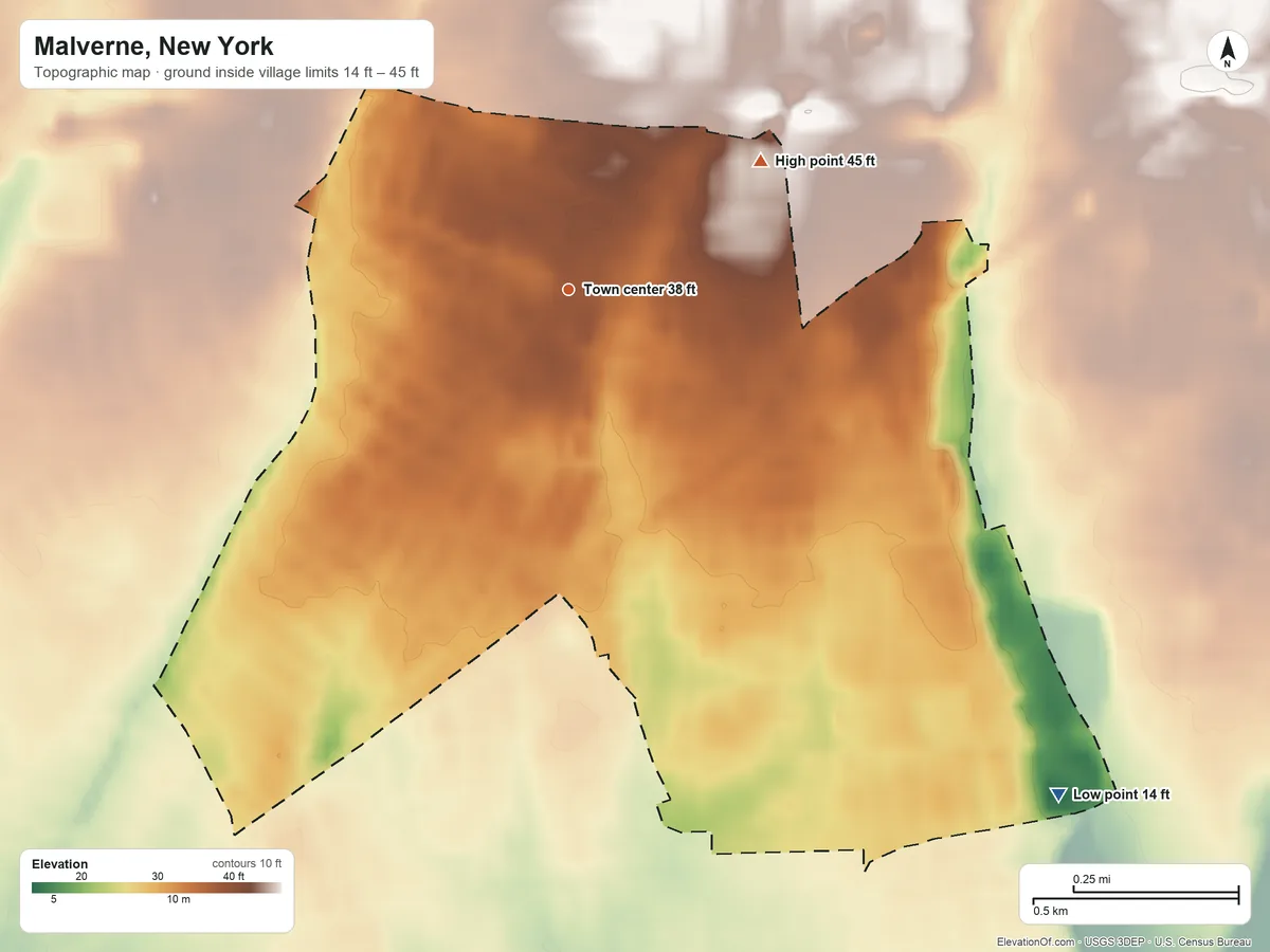Topographic elevation map of Malverne, New York, shaded from 14 ft on the southeast side to 45 ft on the northeast side