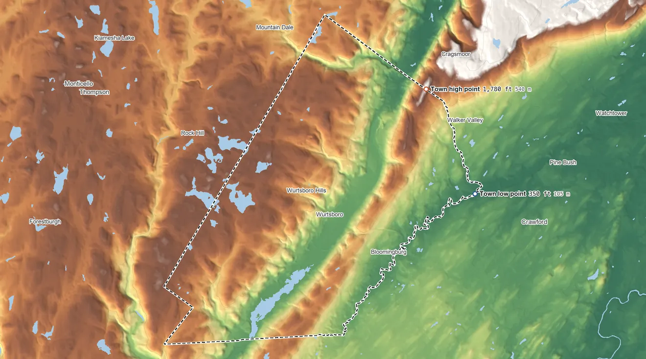 Topographic elevation map of Mamakating, New York, shaded from 350 ft on the east side to 1,780 ft on the northeast side