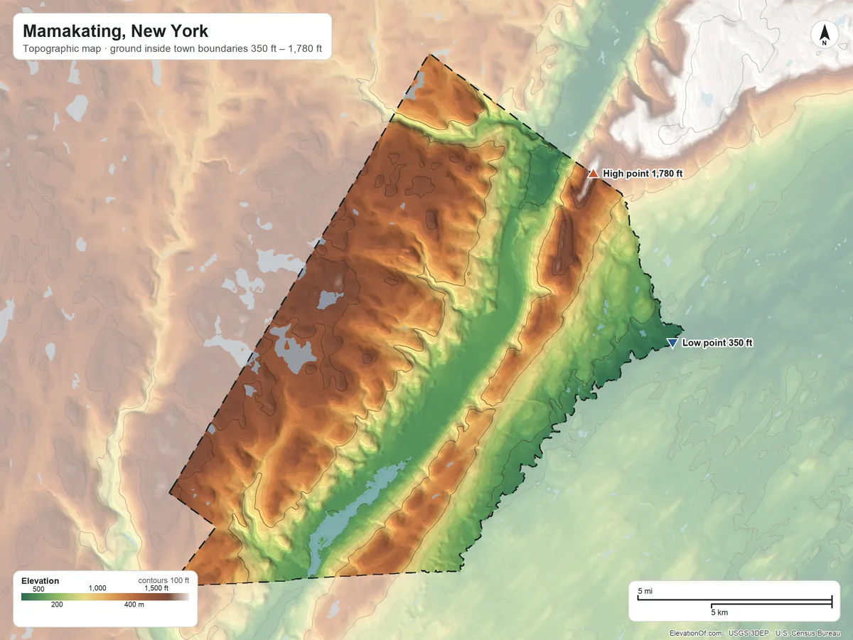 Topographic elevation map of Mamakating, New York, shaded from 350 ft on the east side to 1,780 ft on the northeast side