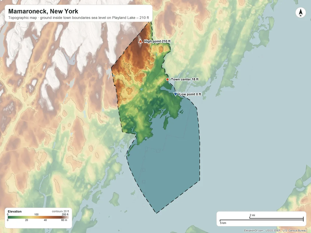 Topographic elevation map of Mamaroneck, New York, shaded from sea level level on Playland Lake to 210 ft on the northwest side