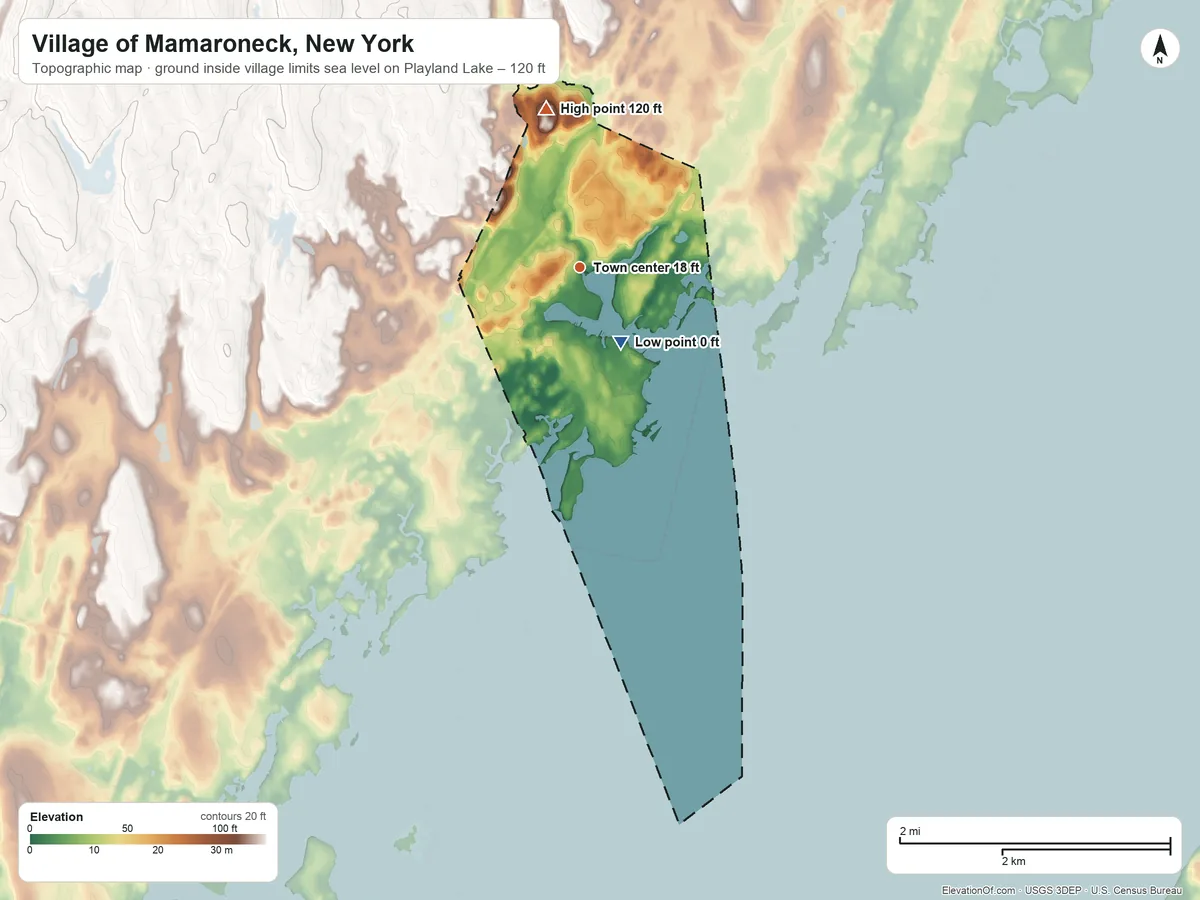 Topographic elevation map of Village of Mamaroneck, New York, shaded from sea level level on Playland Lake to 120 ft on the north side