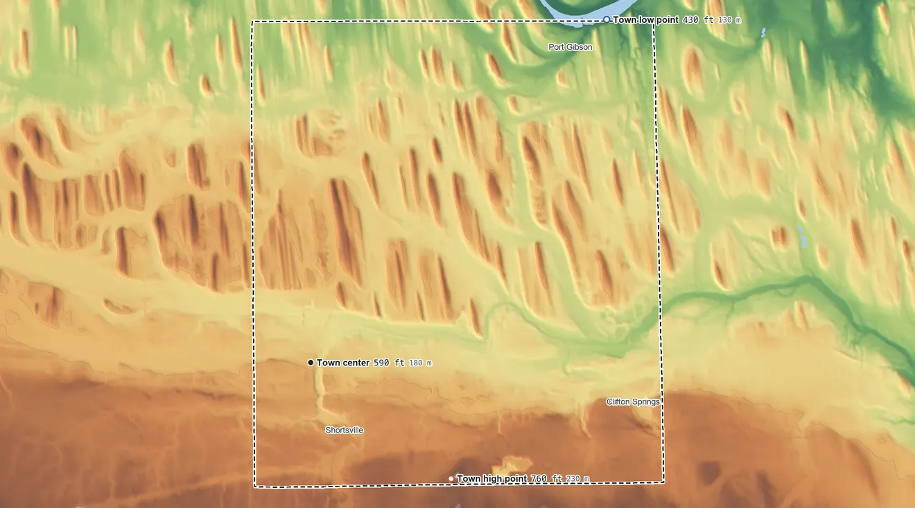 Topographic elevation map of Manchester, New York, shaded from 430 ft on the northeast side to 760 ft on the southeast side
