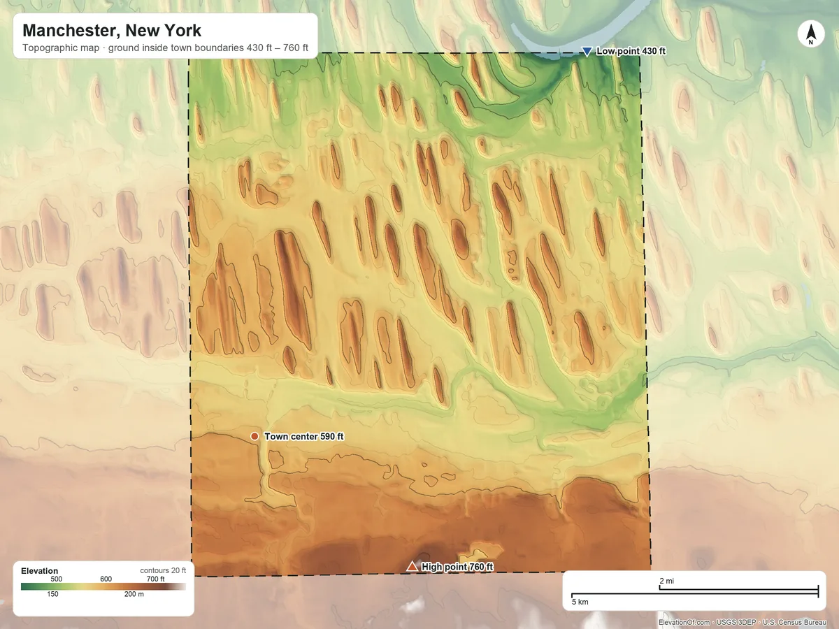 Topographic elevation map of Manchester, New York, shaded from 430 ft on the northeast side to 760 ft on the southeast side