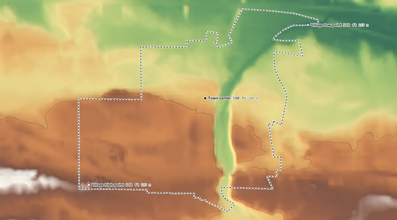 Topographic elevation map of Village of Manchester, New York, shaded from 540 ft on the northeast side to 640 ft on the southwest side