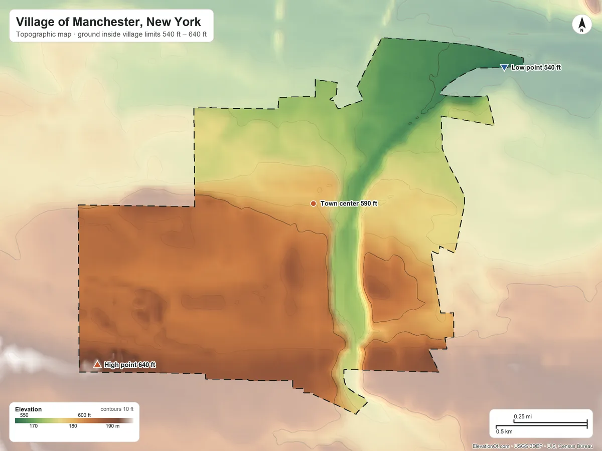 Topographic elevation map of Village of Manchester, New York, shaded from 540 ft on the northeast side to 640 ft on the southwest side