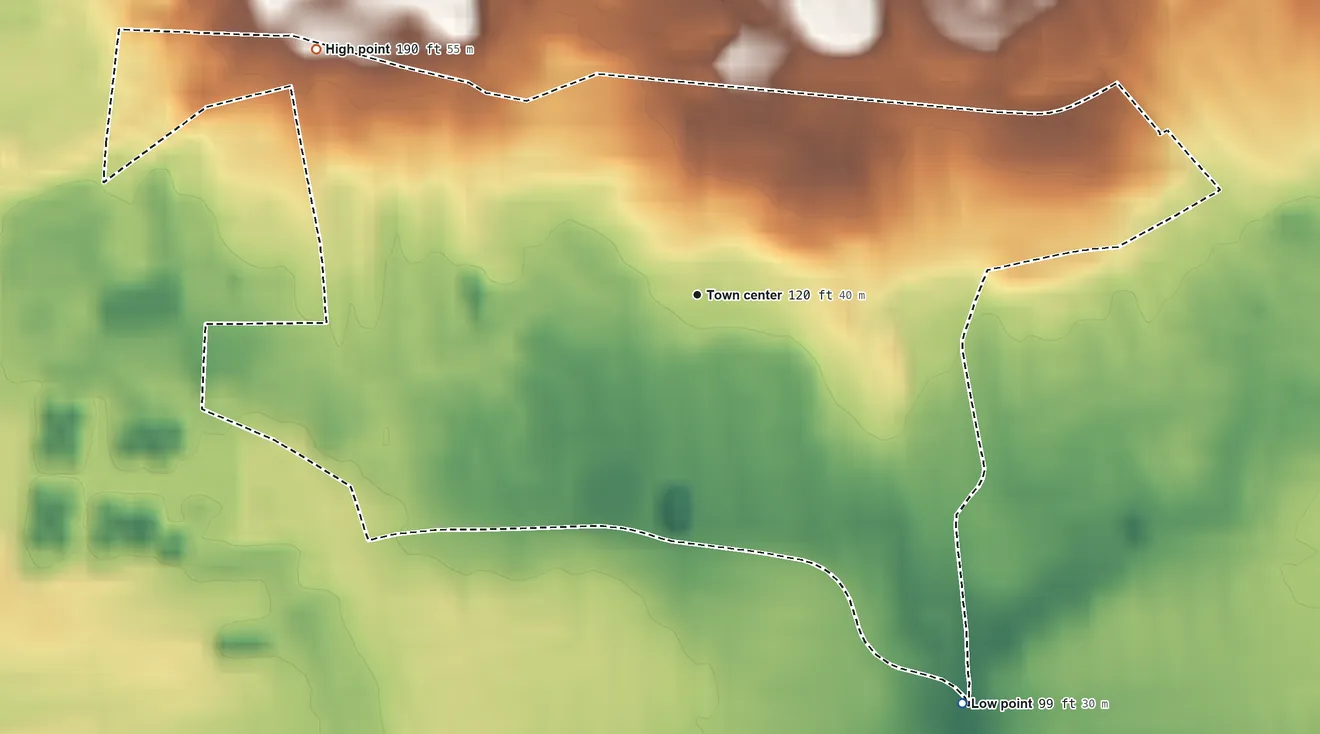 Topographic elevation map of Manhasset Hills, New York, shaded from 99 ft on the southeast side to 190 ft on the northwest side