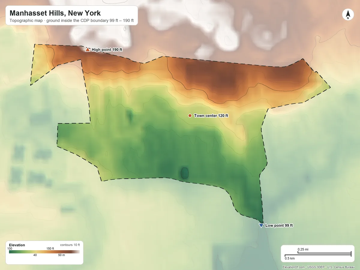 Topographic elevation map of Manhasset Hills, New York, shaded from 99 ft on the southeast side to 190 ft on the northwest side