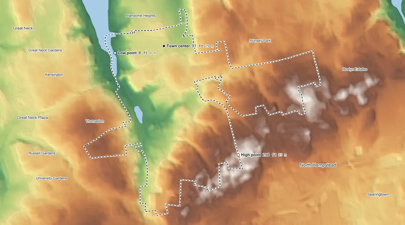Topographic elevation map of Manhasset, New York, shaded from sea level level on Manhasset Bay to 290 ft on the southeast side