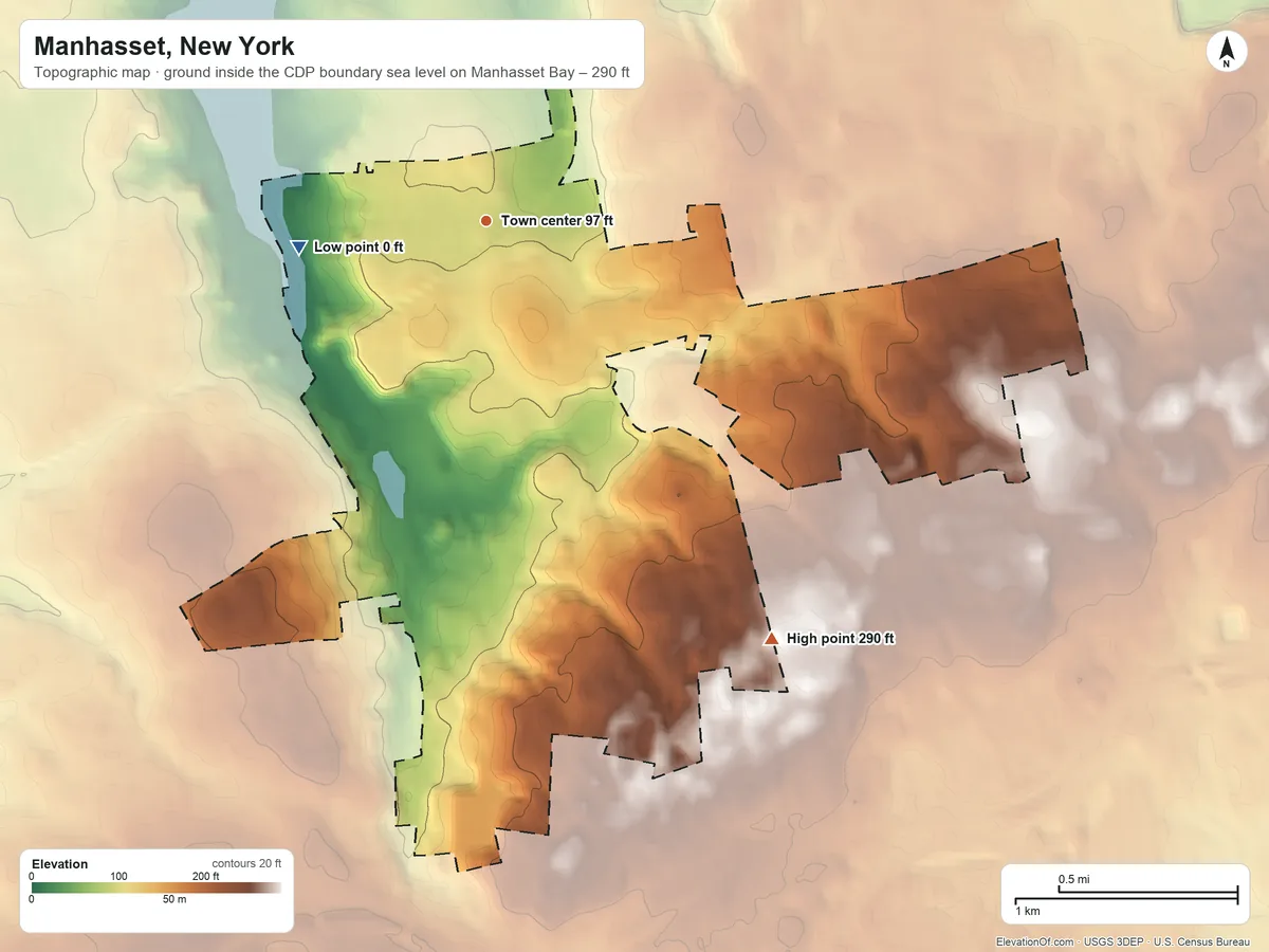 Topographic elevation map of Manhasset, New York, shaded from sea level level on Manhasset Bay to 290 ft on the southeast side