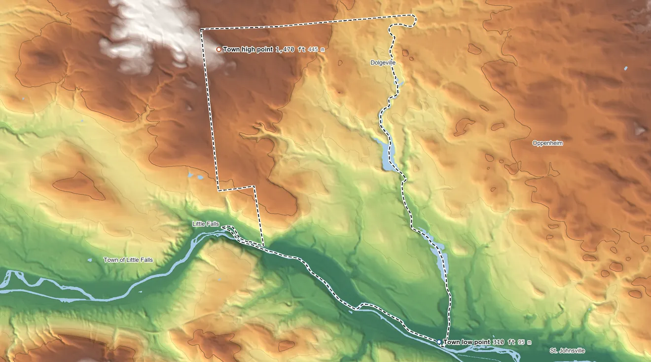 Topographic elevation map of Manheim, New York, shaded from 310 ft on the south side to 1,470 ft on the west side