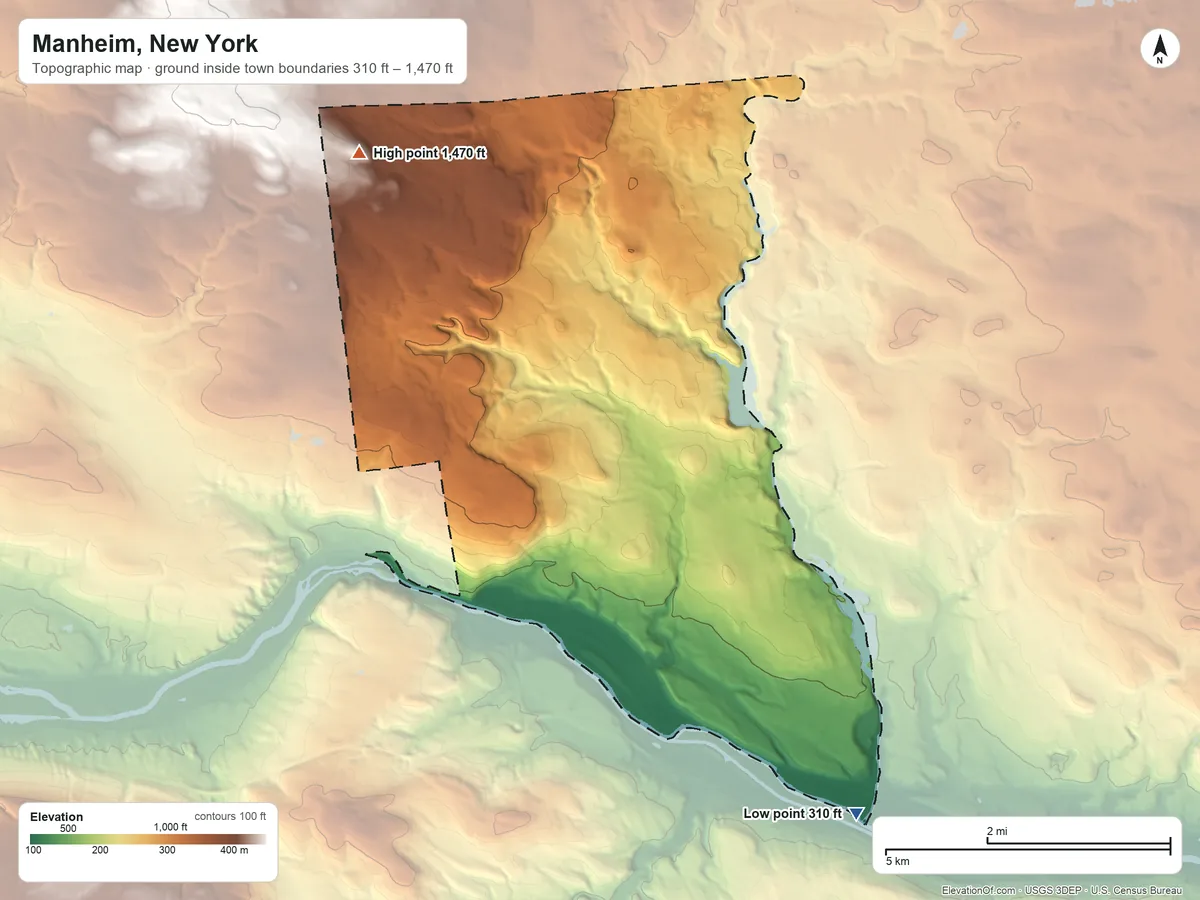 Topographic elevation map of Manheim, New York, shaded from 310 ft on the south side to 1,470 ft on the west side