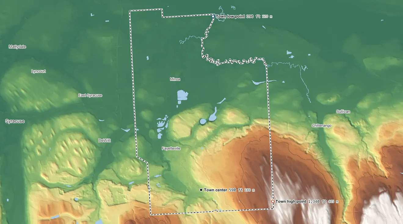 Topographic elevation map of Manlius, New York, shaded from 390 ft on the north side to 1,340 ft on the east side
