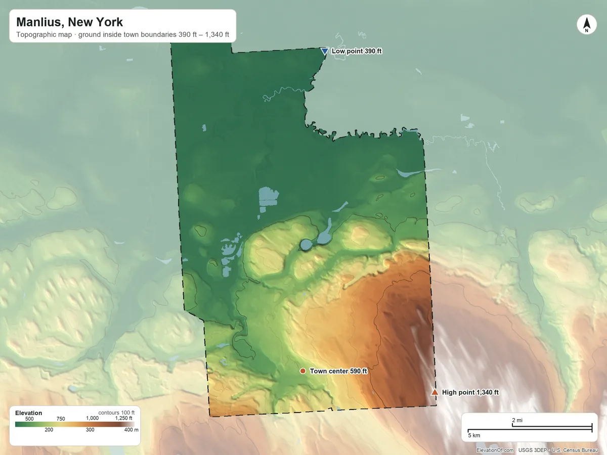 Topographic elevation map of Manlius, New York, shaded from 390 ft on the north side to 1,340 ft on the east side