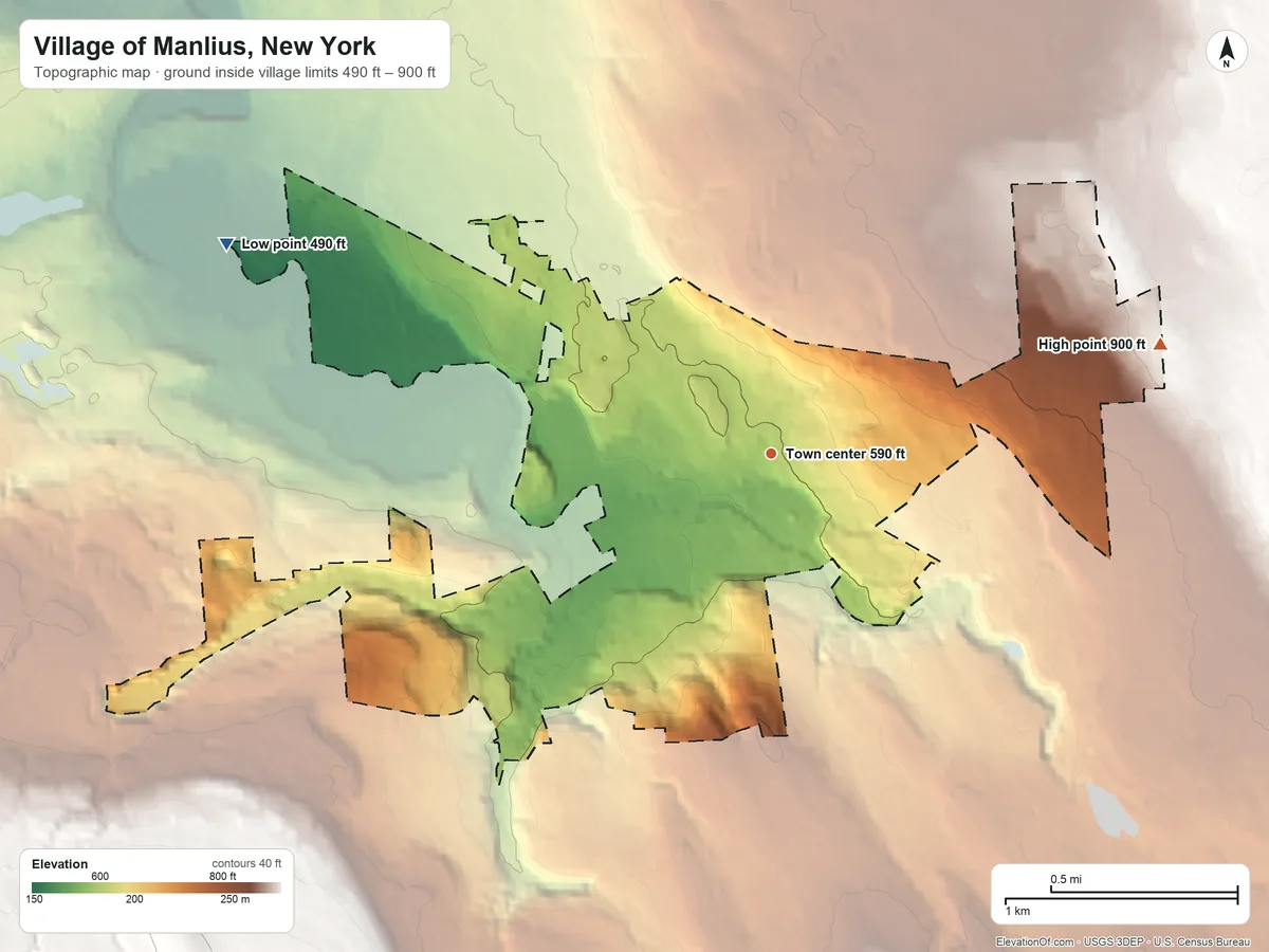 Topographic elevation map of Village of Manlius, New York, shaded from 490 ft on the west side to 900 ft on the east edge, below higher ground just outside