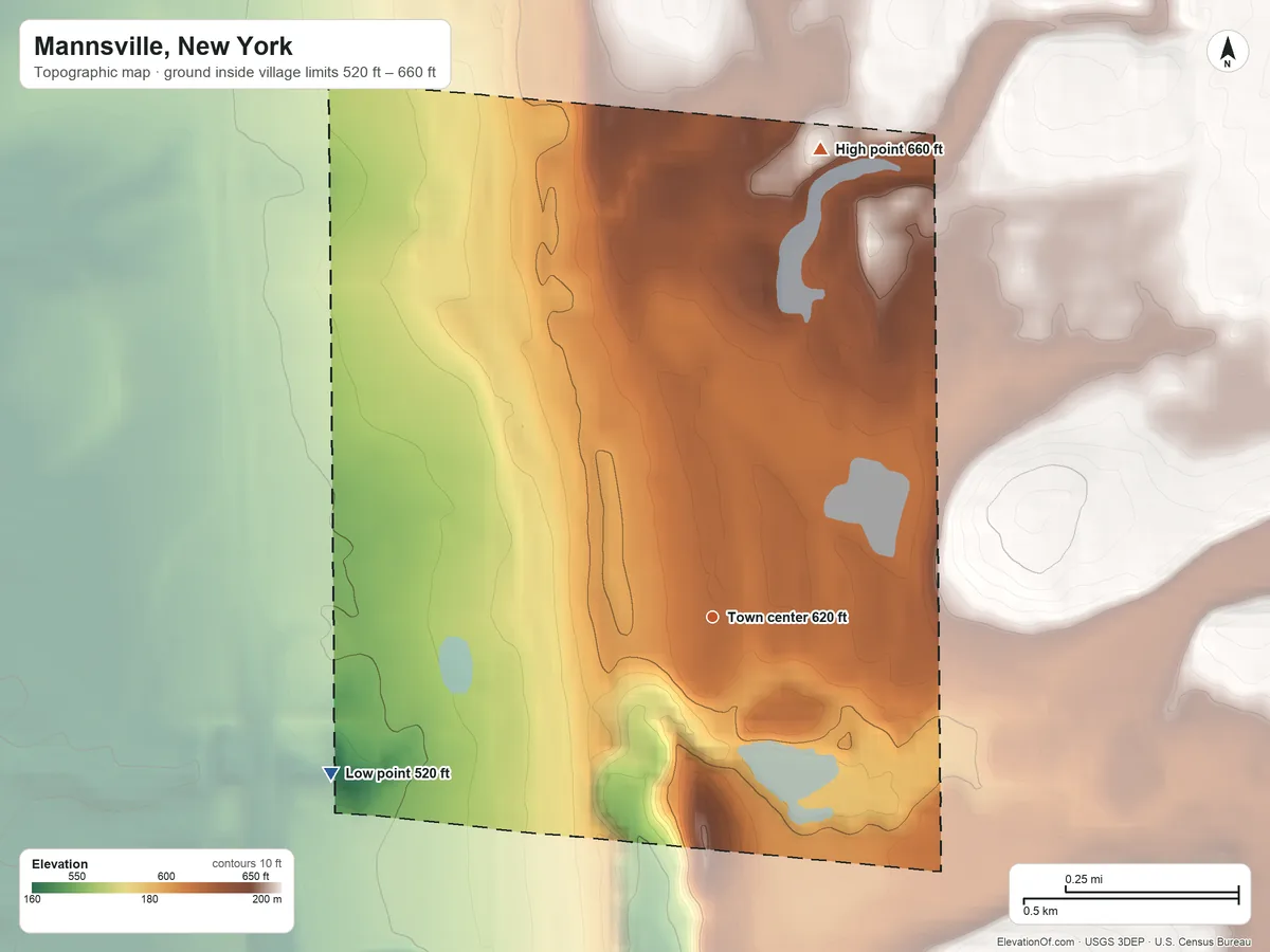 Topographic elevation map of Mannsville, New York, shaded from 520 ft on the west side to 660 ft on the north side