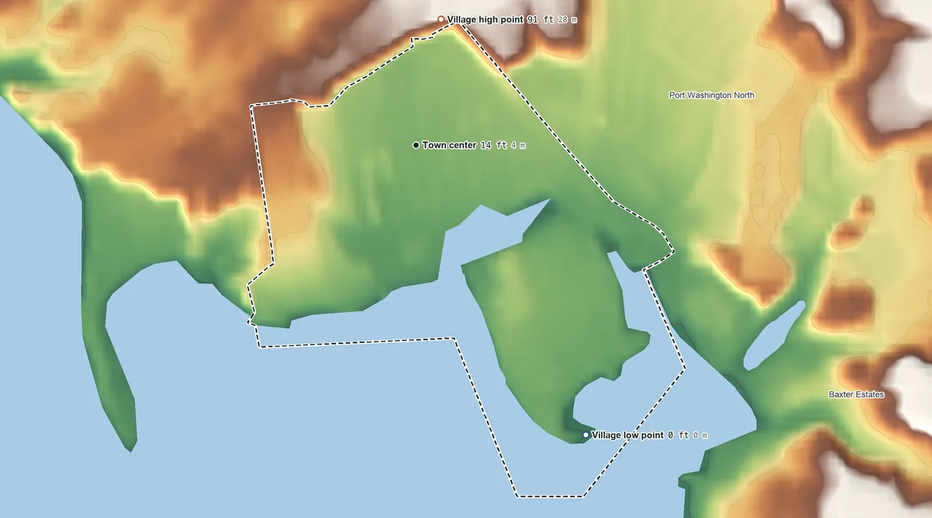 Topographic elevation map of Manorhaven, New York, shaded from sea level level on Manhasset Bay to 91 ft on the north side