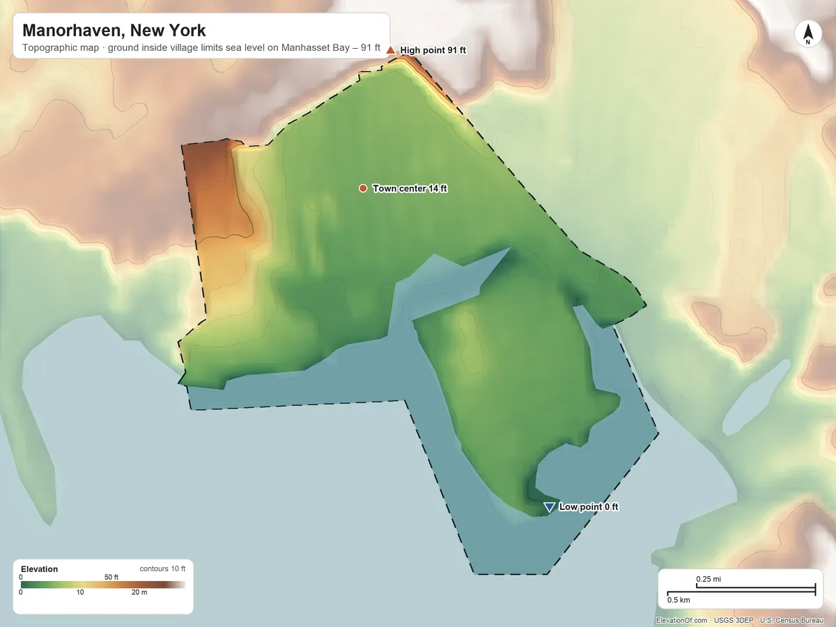 Topographic elevation map of Manorhaven, New York, shaded from sea level level on Manhasset Bay to 91 ft on the north side