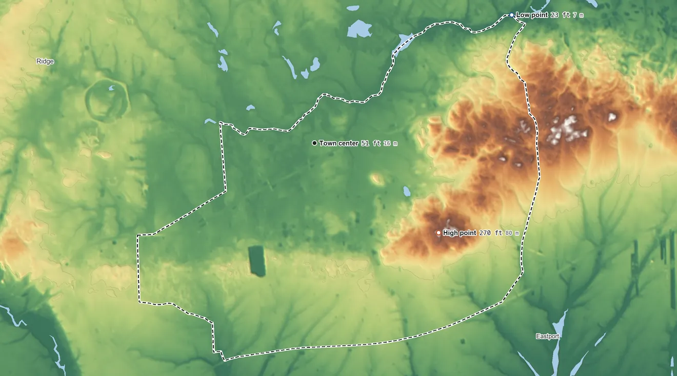 Topographic elevation map of Manorville, New York, shaded from 23 ft on the northeast side to 270 ft on the southeast side