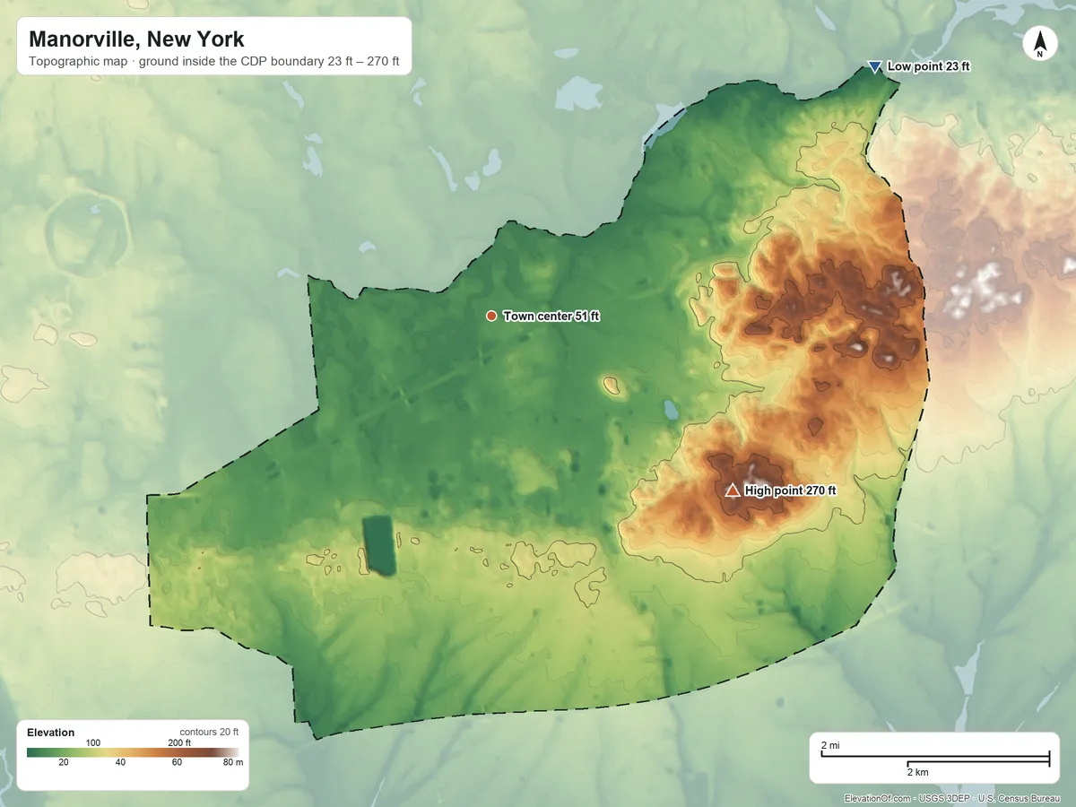 Topographic elevation map of Manorville, New York, shaded from 23 ft on the northeast side to 270 ft on the southeast side
