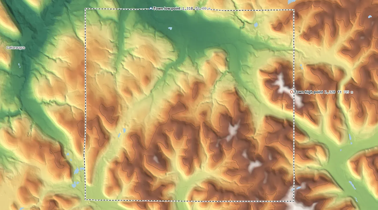 Topographic elevation map of Mansfield, New York, shaded from 1,310 ft on the northwest side to 2,320 ft on Poverty Hill
