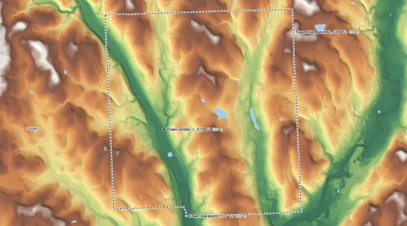 Topographic elevation map of Marathon, New York, shaded from 990 ft on the south side to 1,600 ft on the northeast side