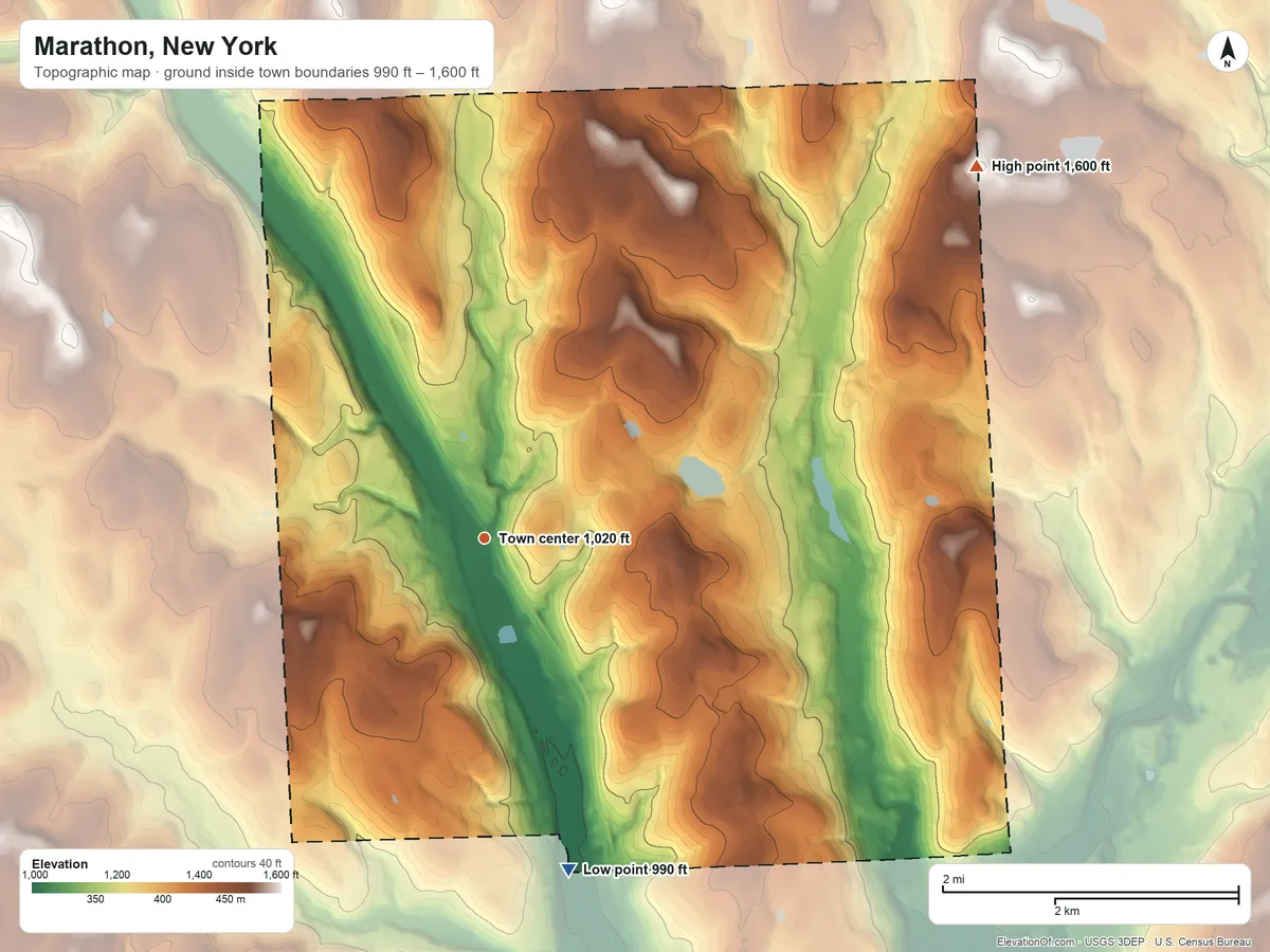 Topographic elevation map of Marathon, New York, shaded from 990 ft on the south side to 1,600 ft on the northeast side