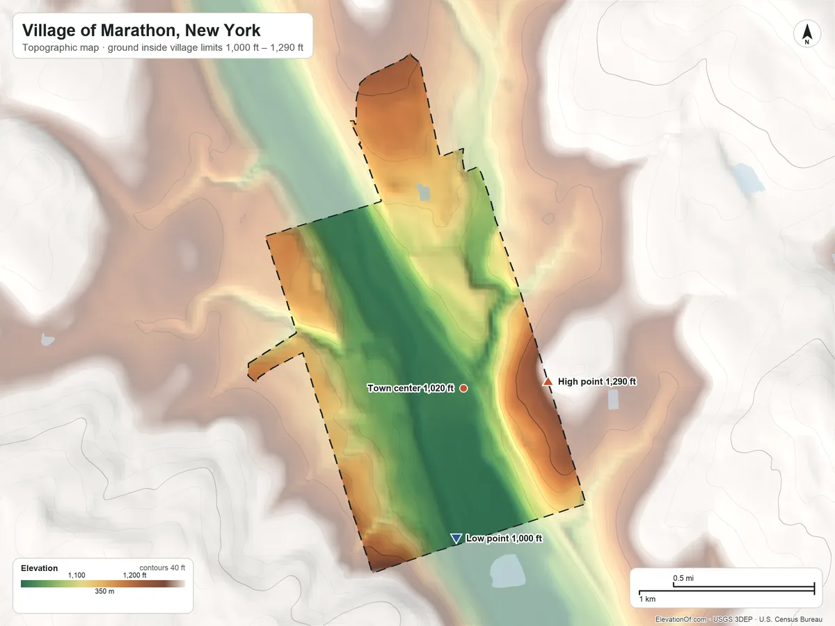 Topographic elevation map of Village of Marathon, New York, shaded from 1,000 ft on the south side to 1,290 ft on the east side