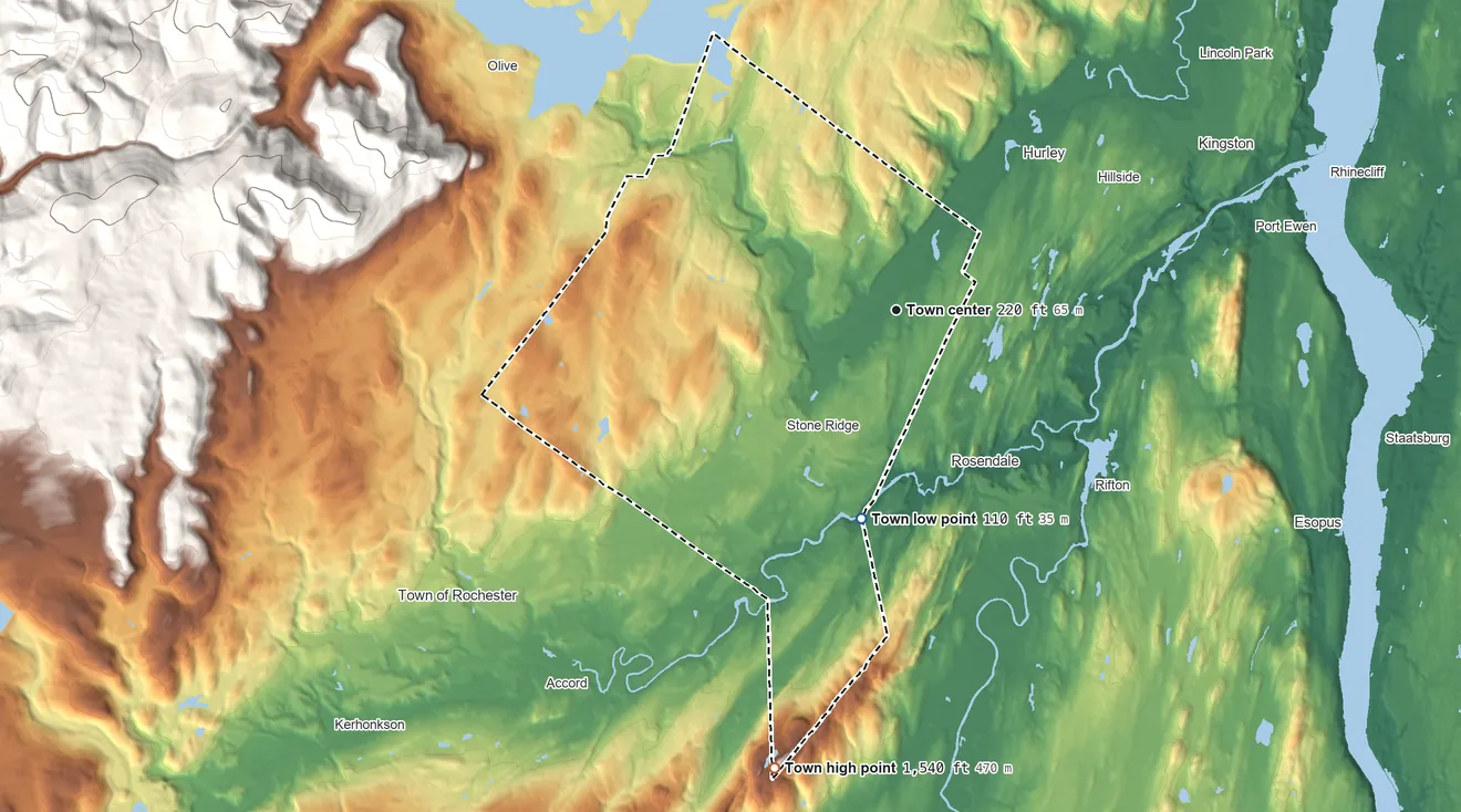 Topographic elevation map of Marbletown, New York, shaded from 110 ft on the south side to 1,540 ft on the south side