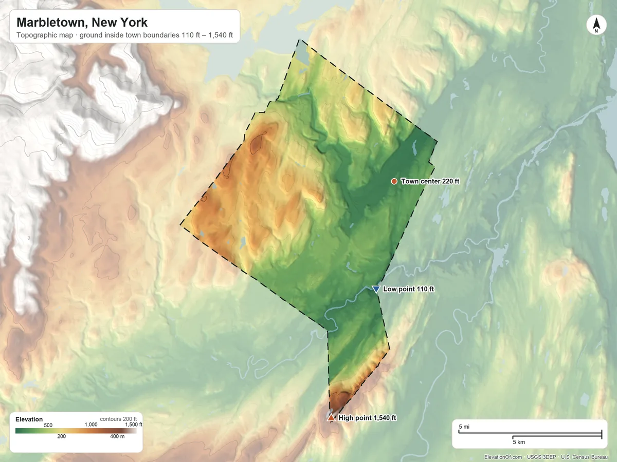 Topographic elevation map of Marbletown, New York, shaded from 110 ft on the south side to 1,540 ft on the south side