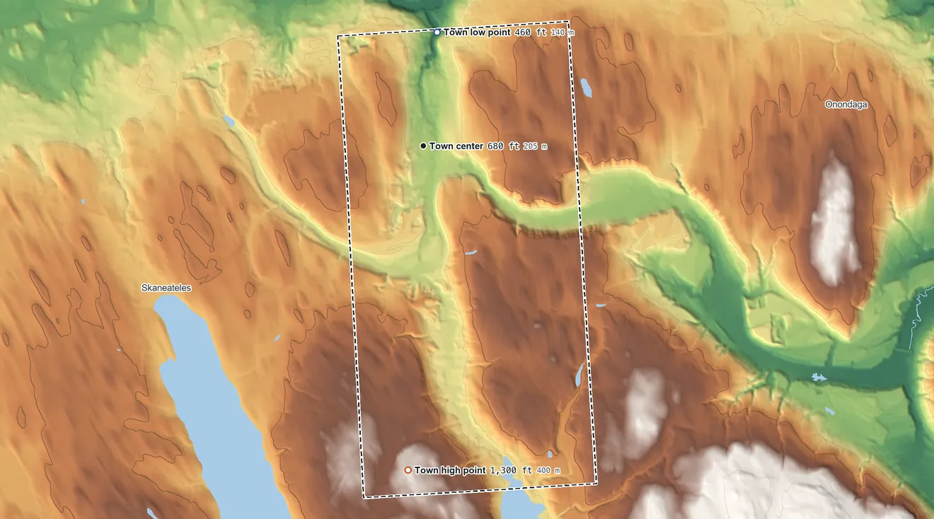 Topographic elevation map of Marcellus, New York, shaded from 460 ft on the north side to 1,300 ft on the south side