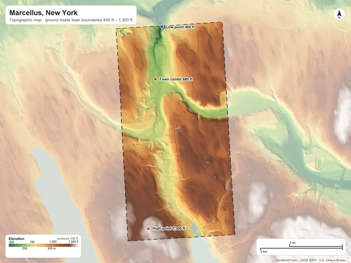 Topographic elevation map of Marcellus, New York, shaded from 460 ft on the north side to 1,300 ft on the south side