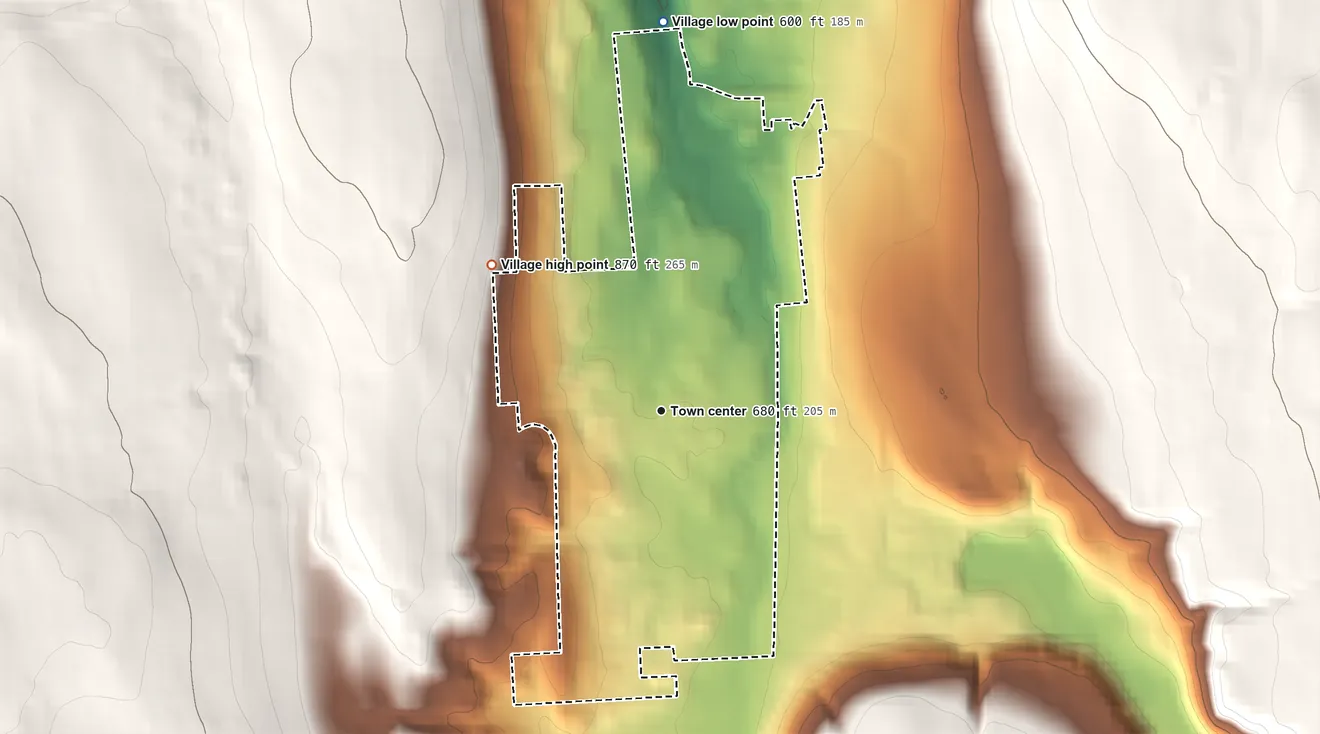 Topographic elevation map of Village of Marcellus, New York, shaded from 600 ft on the north side to 870 ft on the northwest side
