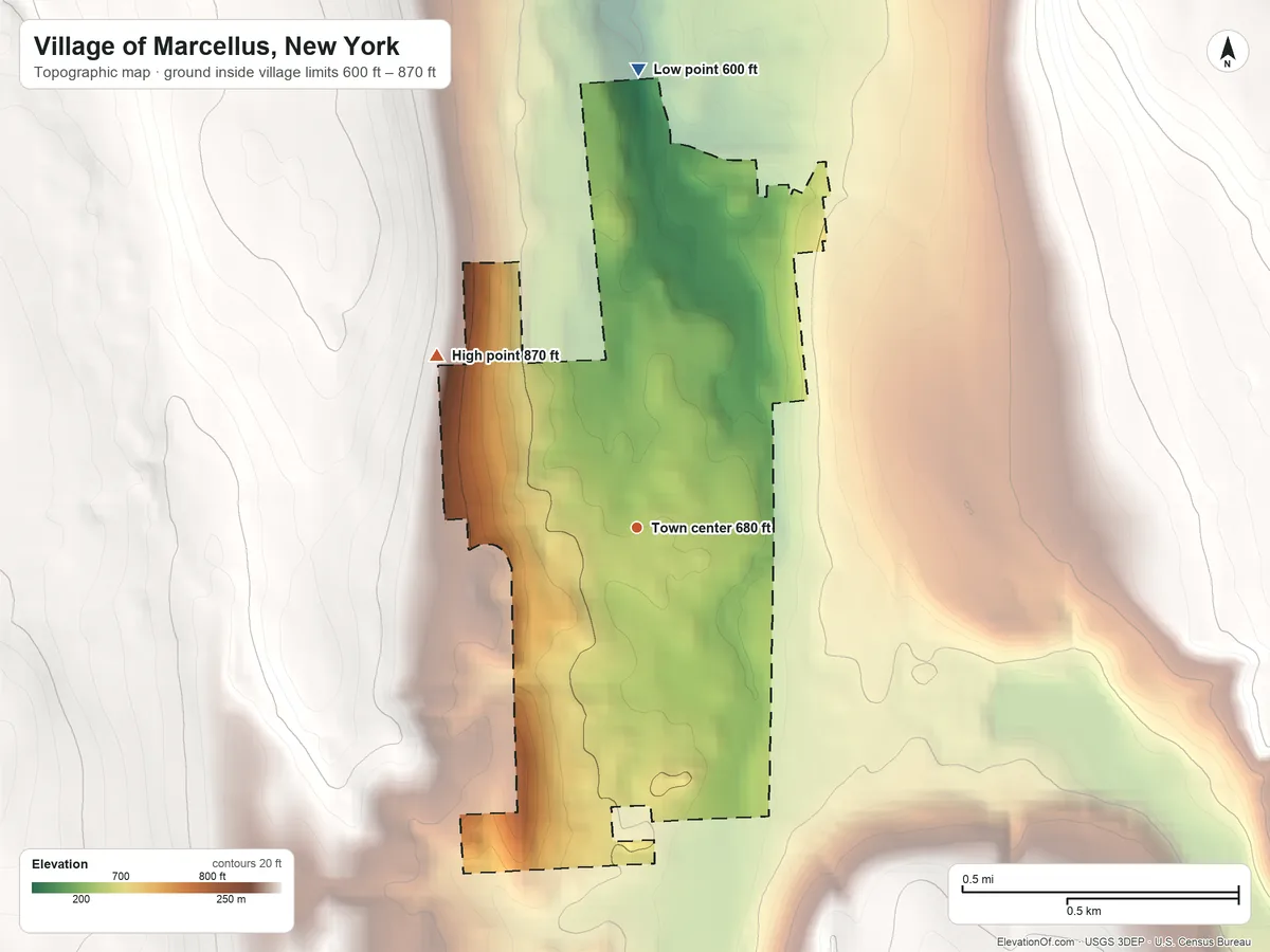 Topographic elevation map of Village of Marcellus, New York, shaded from 600 ft on the north side to 870 ft on the northwest side