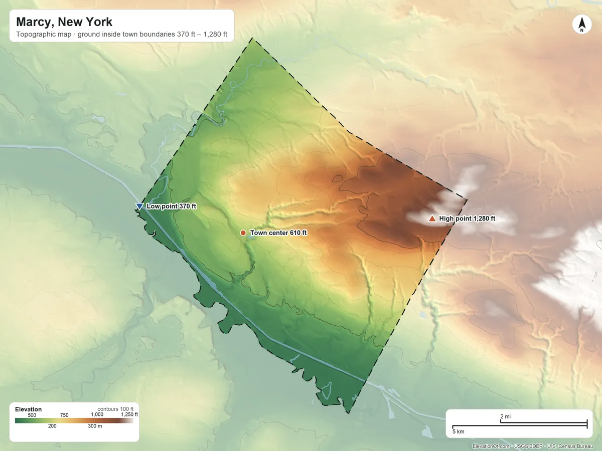Topographic elevation map of Marcy, New York, shaded from 370 ft on the west side to 1,280 ft on Marcy Hill