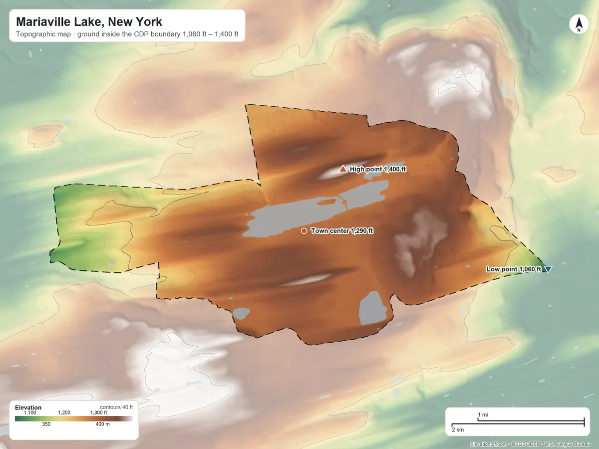 Topographic elevation map of Mariaville Lake, New York, shaded from 1,060 ft on the east side to 1,400 ft on the northeast side